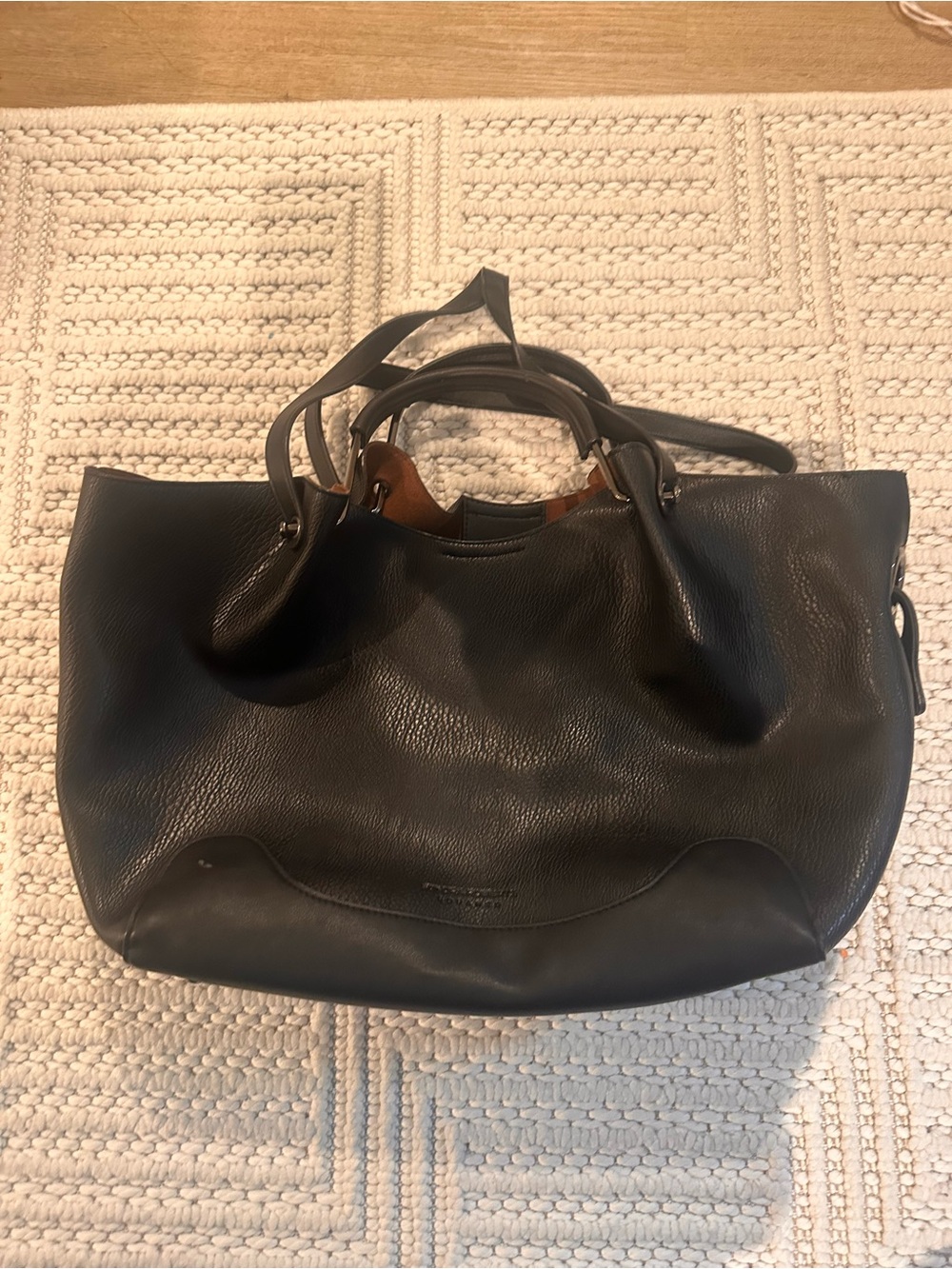Sondra Roberts Black Pebbled Leather Tote with Tan Interior Accent
